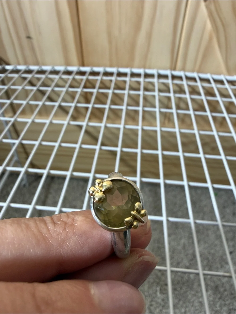 Two-Tone Silver Ring with Olive-Green Center Stone
